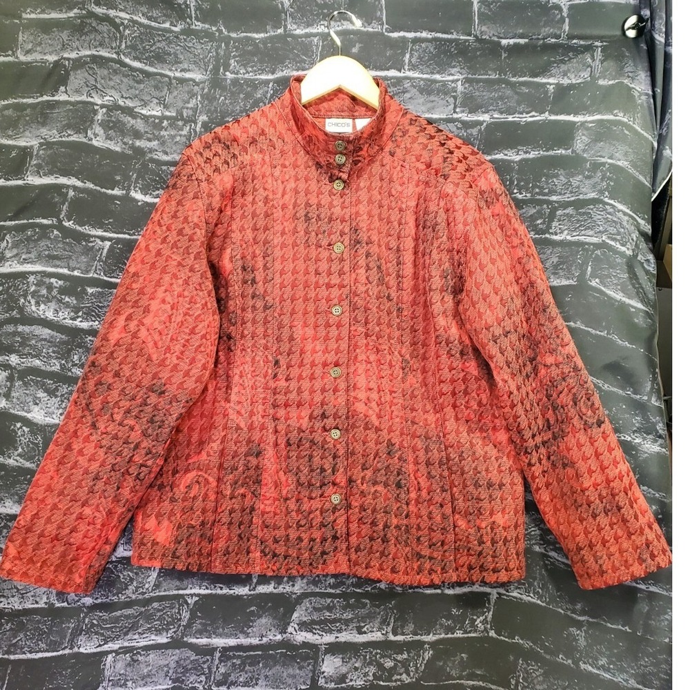 Chicos Jacket Womens Size 3 Red Textured Quilted Button Up Mock Neck Lightweight